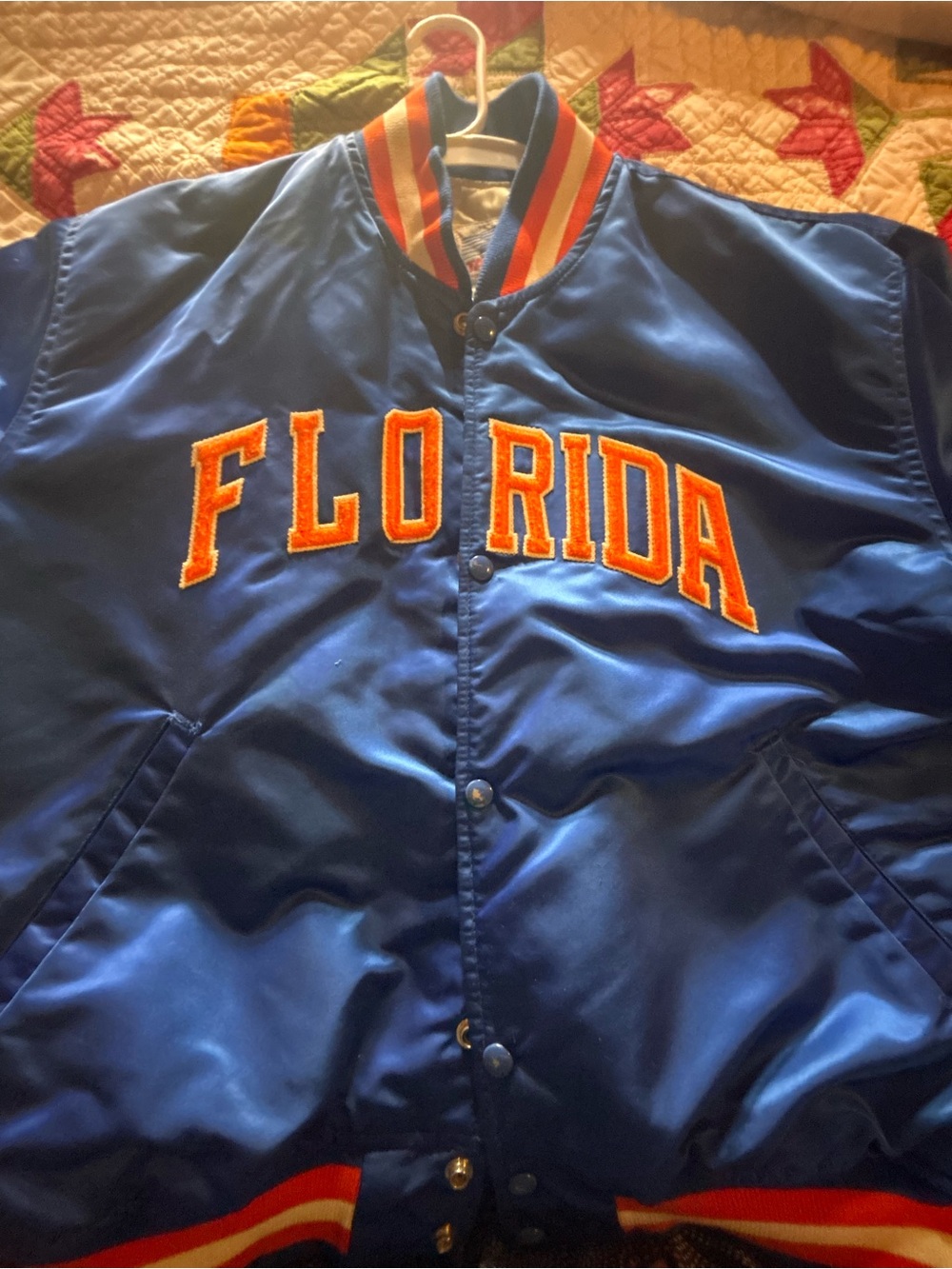 STARTER Blue Satin Varsity Jacket with Orange Lettering
